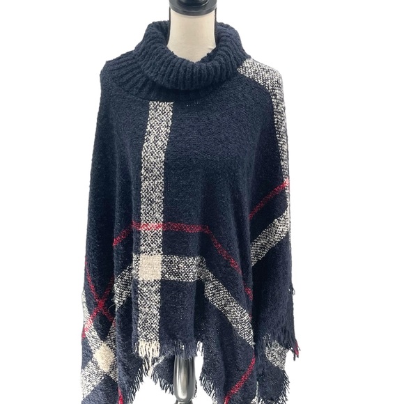 Plaid Navy Poncho Fringe Turtleneck Sweater - Picture 2 of 7